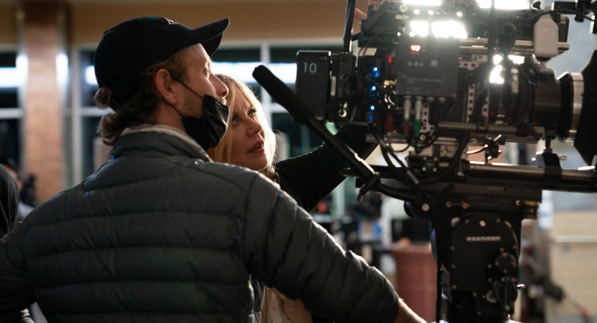 Cinematographer Bartosz Nalazek and director Meg Ryan on the set of 'What Happens Later.'