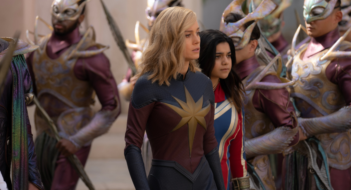 Brie Larson as Captain Marvel/Carol Danvers and Iman Vellani as Ms. Marvel/Kamala Khan in Marvel Studios' 'The Marvels.'