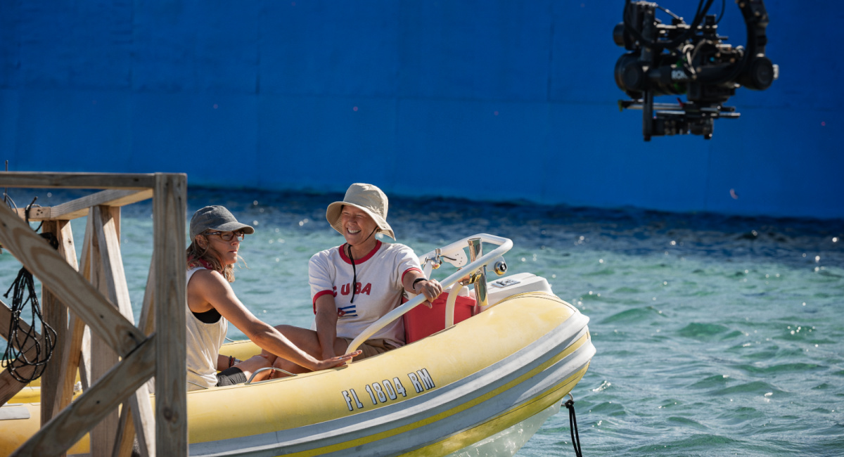 Jodie Foster as Bonnie Stoll and Annette Bening as Diana Nyad on the set of 'Nyad.'