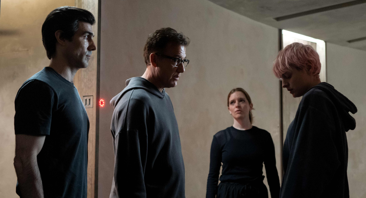 Clive Owen, Brit Marling and Emma Corrin in 'A Murder at the End of the World.'