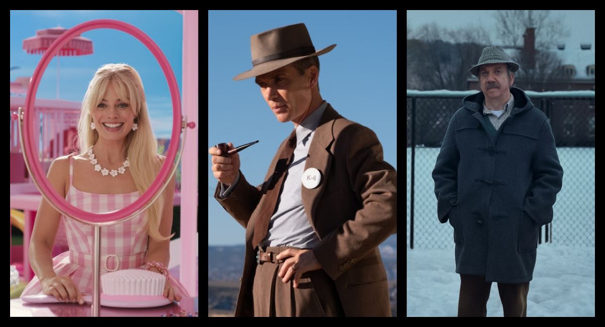 (Left) Margot Robbie as Barbie in Warner Bros. Pictures’ 'Barbie,' a Warner Bros. Pictures release. Photo Credit: Courtesy Warner Bros. Pictures. Copyright: © 2023 Warner Bros. Entertainment Inc. All Rights Reserved. (Center) Cillian Murphy is J. Robert Oppenheimer in 'Oppenheimer,' written, produced, and directed by Christopher Nolan. (Right) Paul Giamatti as Paul Hunham in director Alexander Payne’s 'The Holdovers,' a Focus Features release. Credit: Courtesy of FOCUS FEATURES / © 2023 FOCUS FEATURES LLC.
