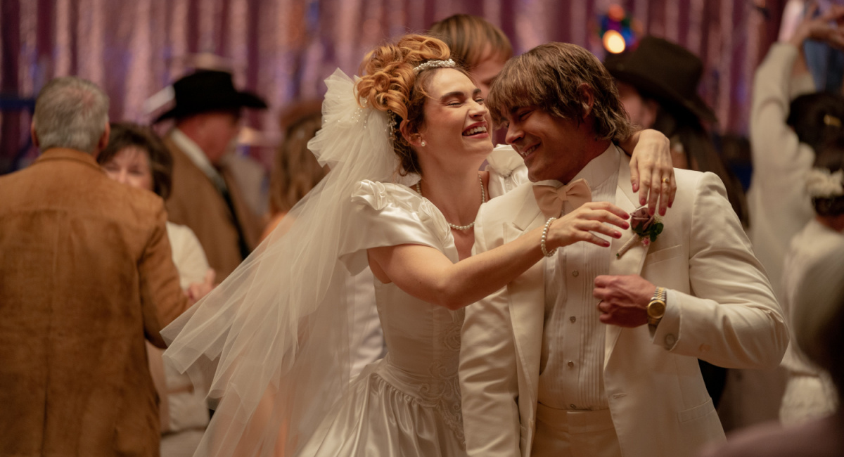 Lily James as Pam Adkisson and Zac Efron as Kevin Von Erich in 'The Iron Claw.'