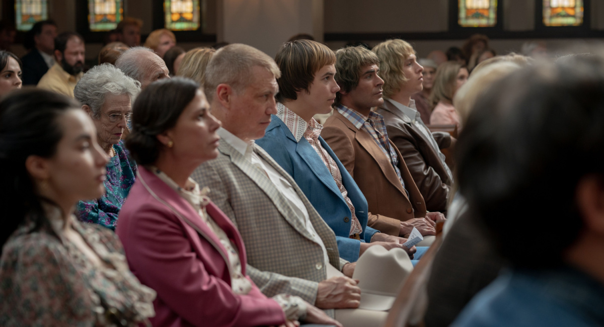 Maura Tierney as Doris Von Erich, Holt McCallany as Fritz Von Erich, Stanley Simons as Mike Von Erich, Zac Efron as Kevin Von Erich and Harris Dickinson as David Von Erich in 'The Iron Claw.'