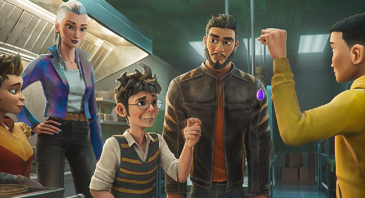 Sherry Cola as Naomi, Sandra Oh as Mistral, Bowen Yang as Sidney, Henry Golding as Hu and Brandon Soo Hoo as Tom in 'The Tiger’s Apprentice,' streaming on Paramount+, 2024.