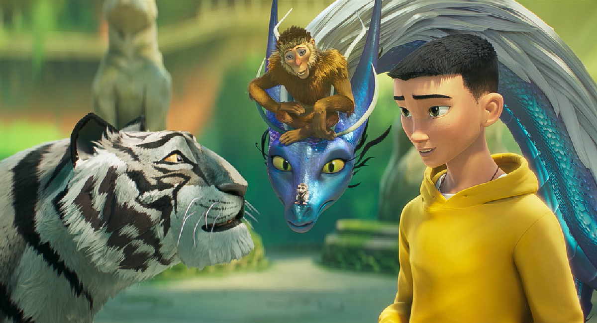 Henry Golding as Hu, Sandra Oh as Mistral, Sherry Cola as Naomi and Brandon Soo Hoo as Tom in The 'Tiger’s Apprentice,' streaming on Paramount+, 2024.