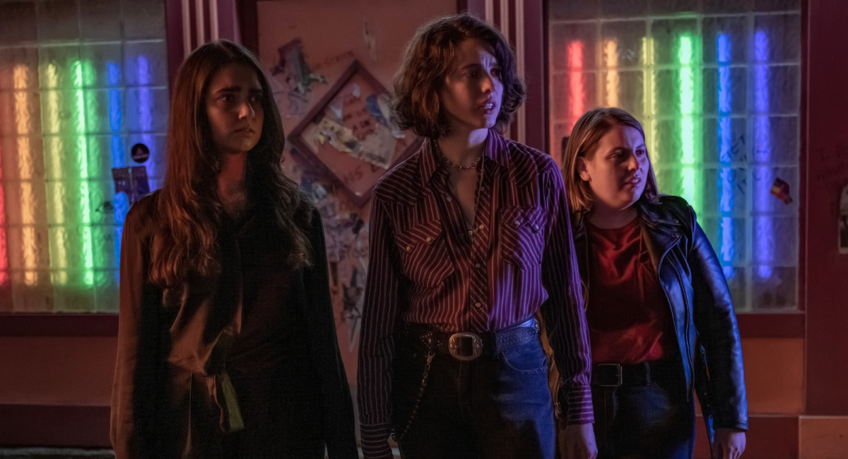 Geraldine Viswanathan as "Marian", Margaret Qualley as "Jamie" and Beanie Feldstein as "Sukie" in director Ethan Coen's 'Drive-Away Dolls,' a Focus Features release.