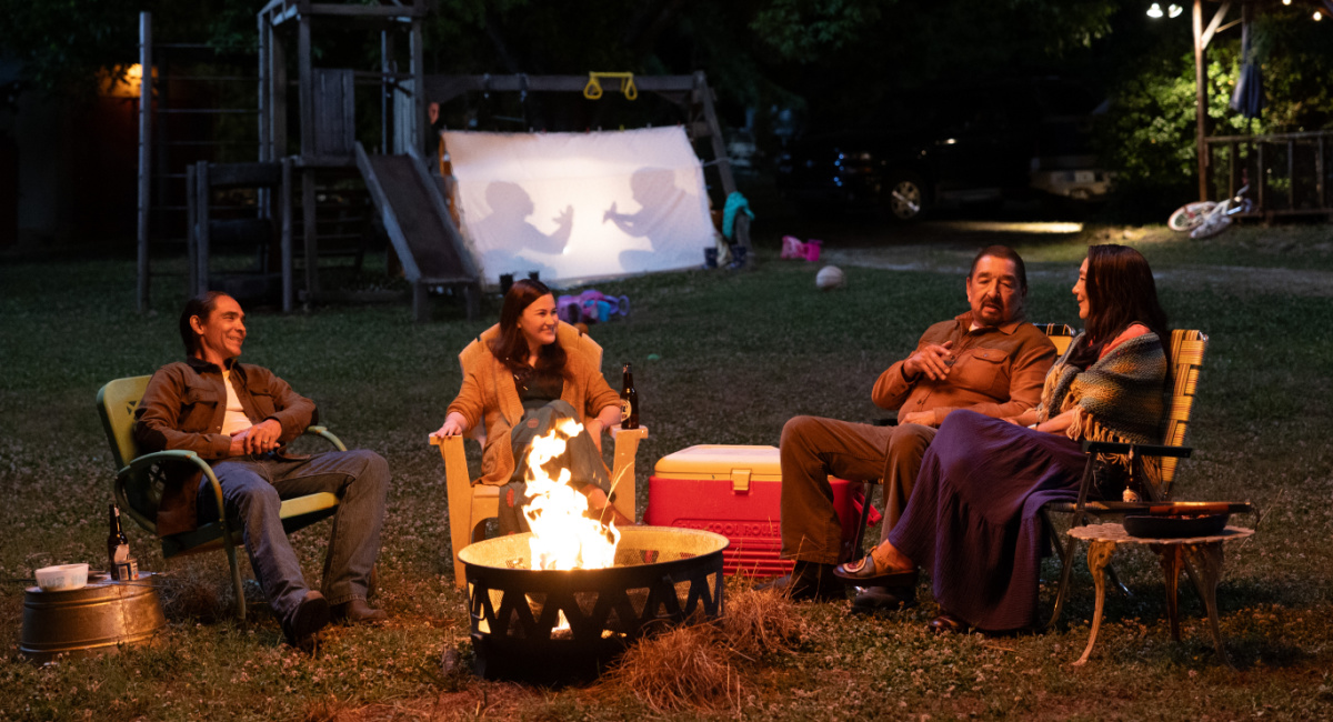 Zahn McClarnon as William Lopez, Devery Jacobs as Bonnie, Graham Greene as Skully, and Tantoo Cardinal as Chula Battiest in Marvel Studios' 'Echo,' releasing on Hulu and Disney+.