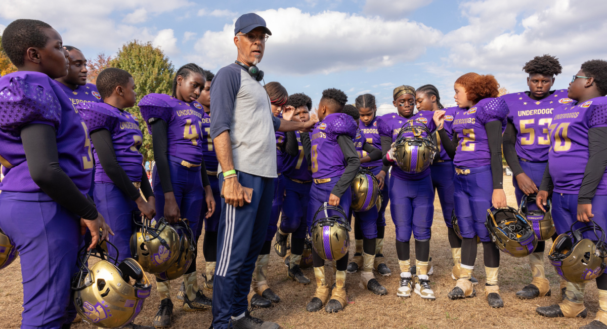 Director Charles Stone III, actor Adan James Carillo, actor Jonigan Booth, actor Caleb CM Dixon, and actor Kylah Davila on the set of 'The Underdoggs,' an Amazon MGM Studios film.