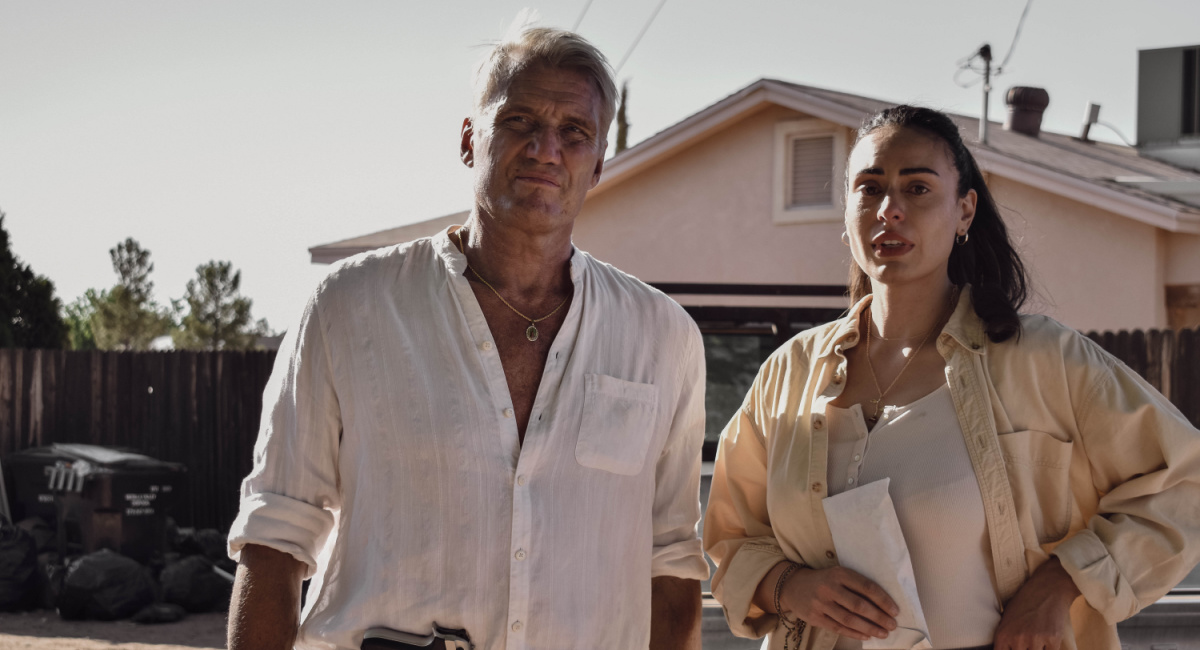 Dolph Lundgren as “Johansen” and Christina Villa as “Rosa” in the action thriller, 'Wanted Man,' a Quiver Distribution release.