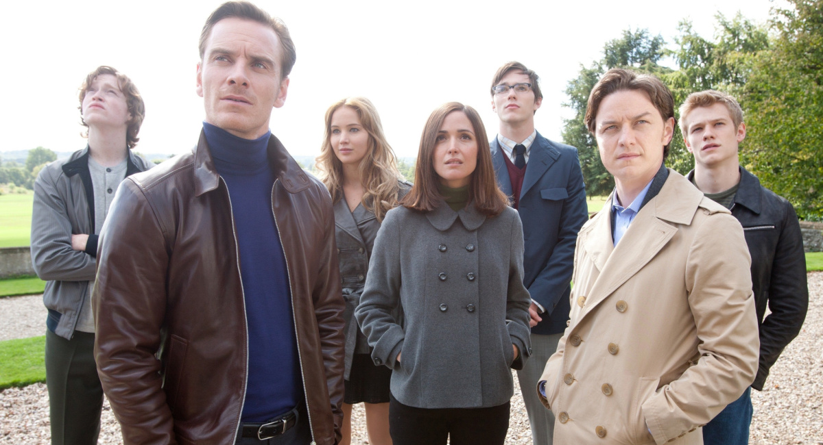 Caleb Landry Jones, Michael Fassbender, Jennifer Lawrence, Rose Byrne, Nicholas Hoult, James McAvoy, and Lucas Till in 'X-Men: First Class.'
