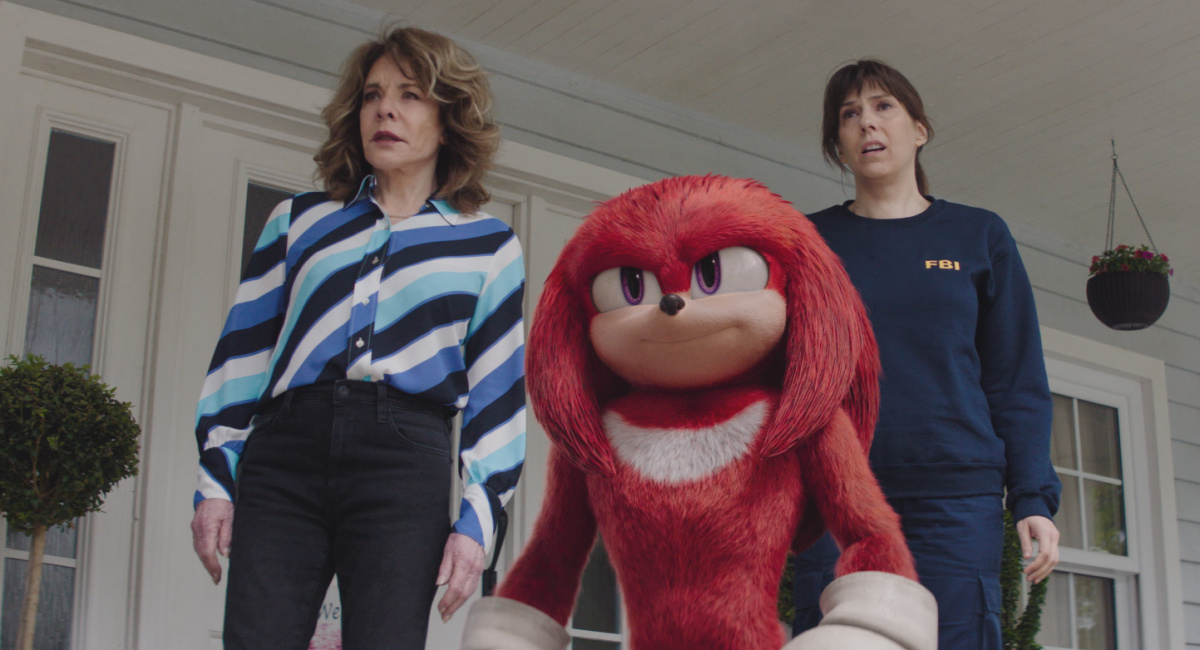 (L to R) Stockard Channing as Wendy Whipple, 'Knuckles' (voiced by Idris Elba) and Edi Patterson as Wanda Whipple in Knuckles streaming on Paramount+, 2024.