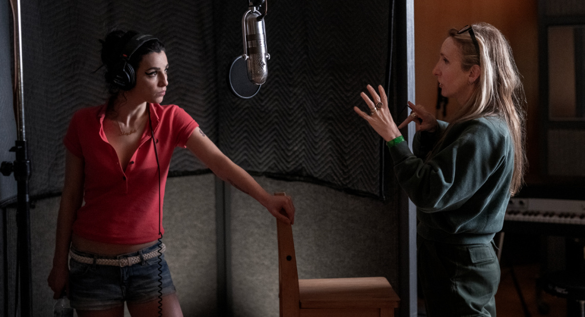 Actor Marisa Abela and director Sam Taylor-Johnson on the set of 'Back To Black,' a Focus Features release.