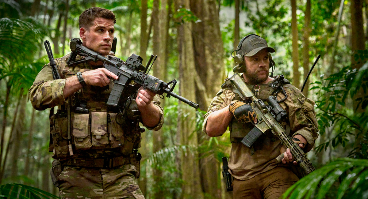 nd Luke Hemsworth as Abel in the action film, 'Land of Bad,' a release by The Avenue.