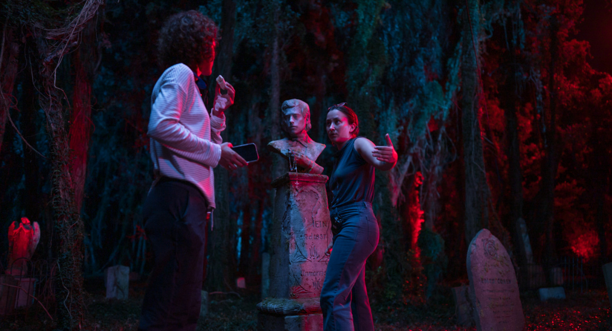 Cinematographer Paula Huidobro and director Zelda Williams on the set of their film 'Lisa Frankenstein,' a Focus Features release.