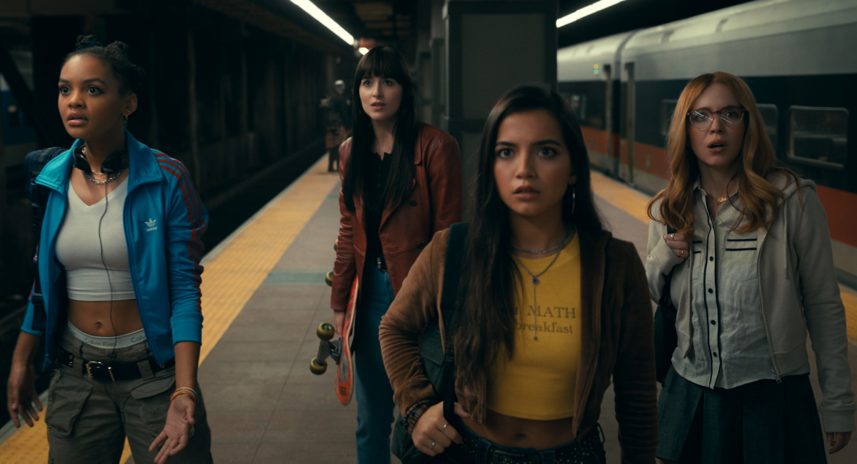 (L to R) Mattie Franklin (Celeste O’Connor), Cassandra Webb (Dakota Johnson), Anya Corazon (Isabela Merced), and Julia Cornwall (Sydney Sweeney) in Columbia Pictures’ 'Madame Web.'