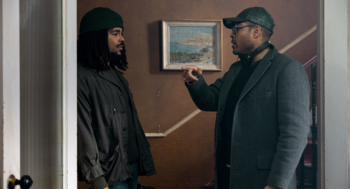 Kingsley Ben-Adir as “Bob Marley” and Director Reinaldo Marcus Green in 'Bob Marley: One Love' from Paramount Pictures.