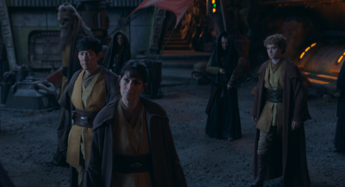 (Clockwise from center) Jedi Master Indara (Carrie-Anne Moss), Master Sol (Lee Jung-jae), Jedi Master Kelnacca (Joonas Suotamo) and (second from right) Master Torbin (Dean Charles Chapman) in Lucasfilm's 'The Acolyte,' exclusively on Disney+.