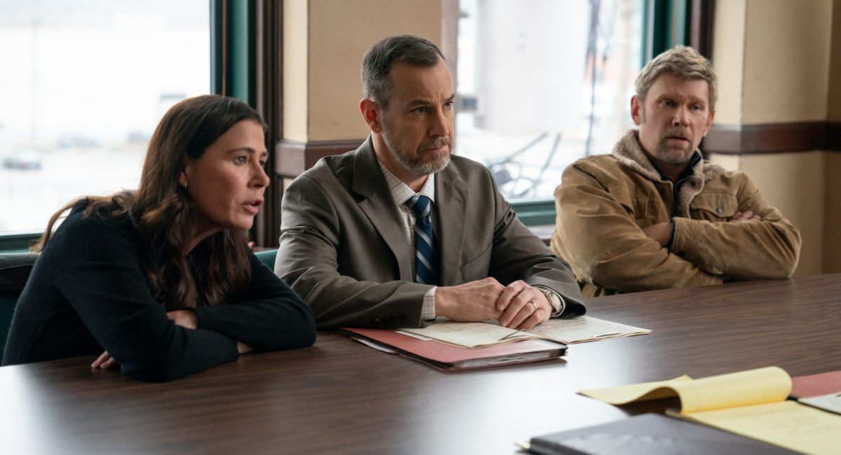 Maura Tierney (Grace Poe), Jon Osbeck (Billy’s Lawyer) and Mark Pellegrino (Virgil Poe) in 'American Rust: Broken Justice.'