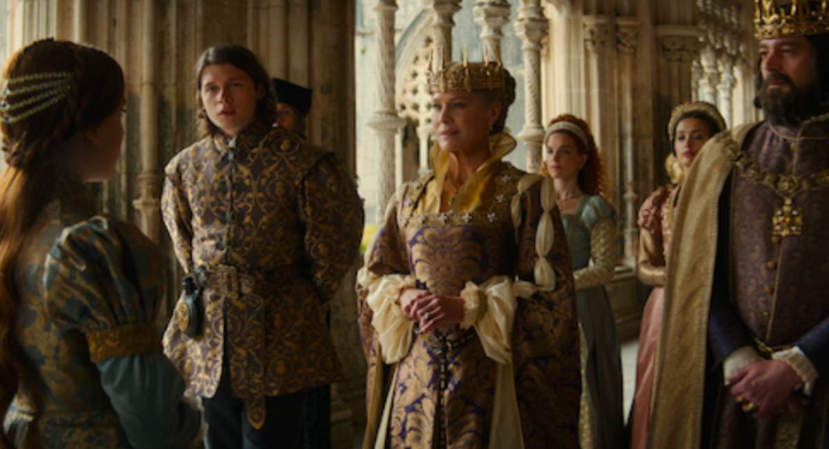 Millie Bobby Brown as Elodie, Nick Robinson as Prince Henry, Robin Wright as Queen Isabelle and Milo Twomey as King Roderick in 'Damsel.'