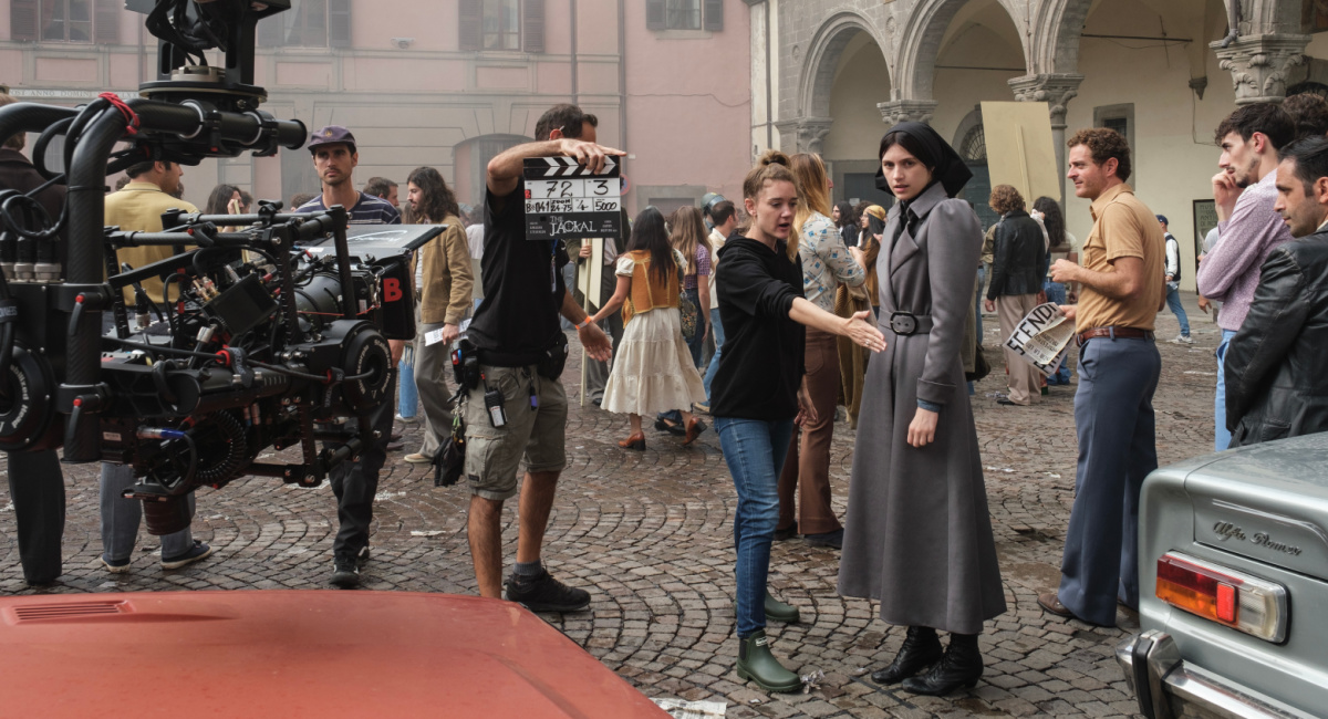 Director Arkasha Stevenson and Nell Tiger Free as Margaret on the set of 20th Century Studios' 'The First Omen'.