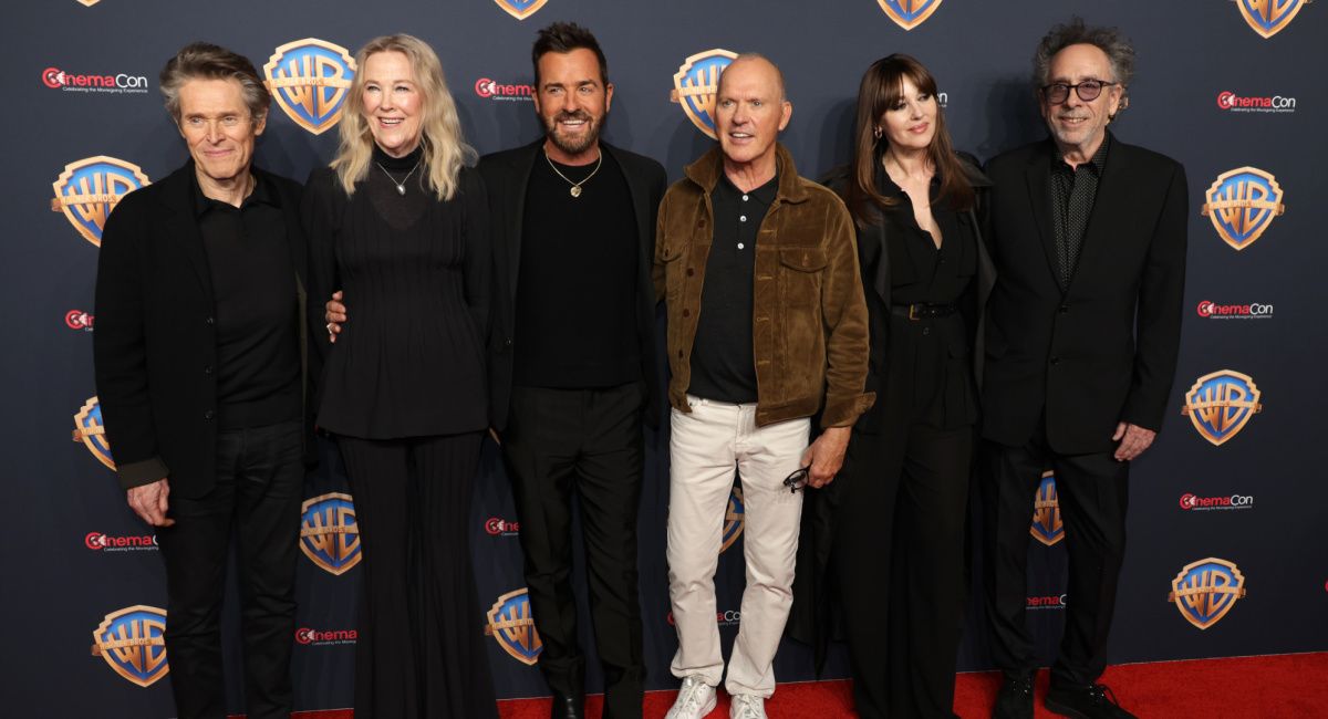 Willem Dafoe, Catherine O'Hara, Justin Theroux, Michael Keaton, Monica Bellucci, and director Tim Burton for 'Beetlejuice Beetlejuice' at CinemaCon 2024.