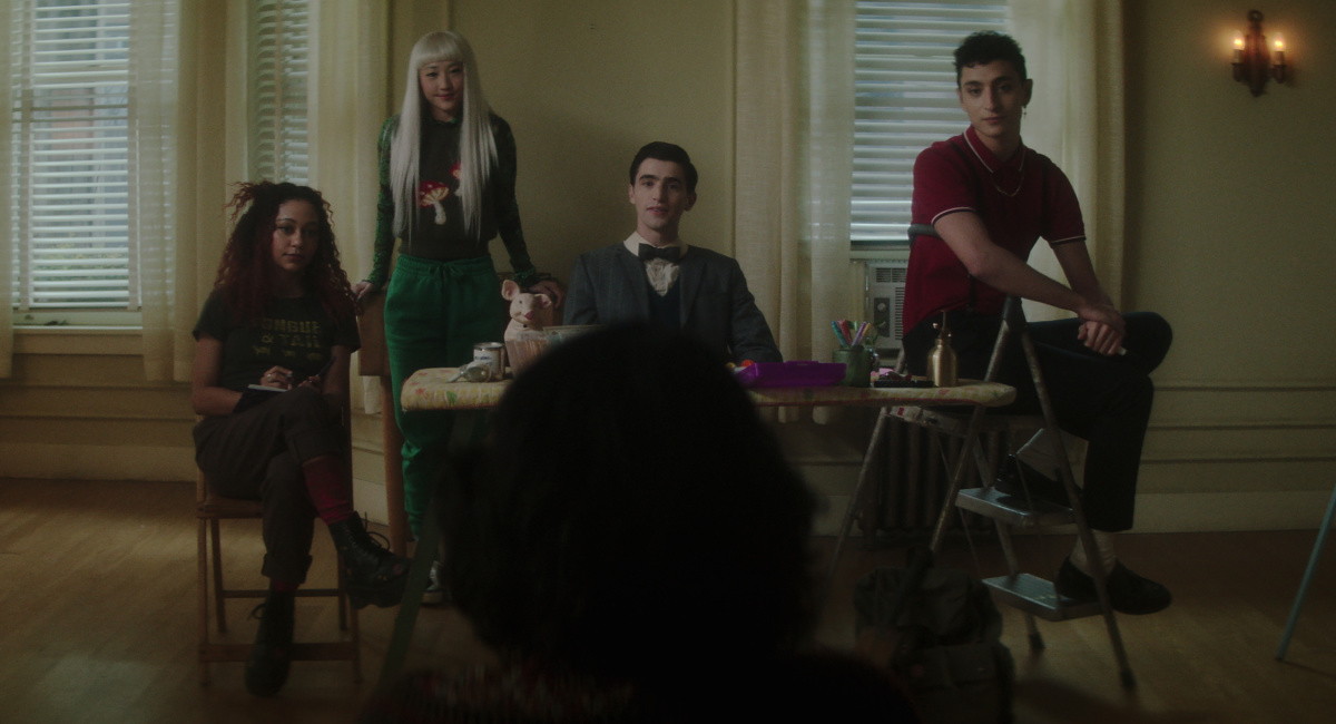 Kassius Nelson as Crystal Palace, Yuyu Kitamura as Niko Sasaki, George Rexstrew as Edwin Payne, and Jayden Revri as Charles Rowland in episode 3 of 'Dead Boy Detectives.'