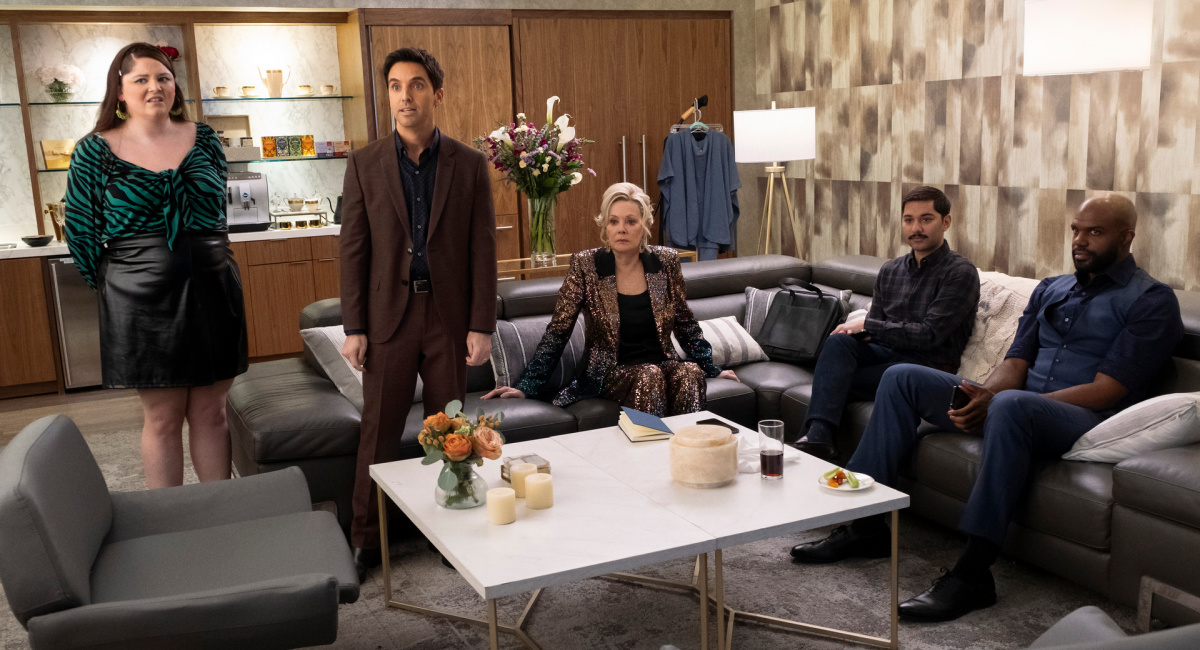 Megan Stalter, Paul W. Downs, Jean Smart, Mark Indelicato and Carl Clemons-Hopkins in 'Hacks' Season 3.