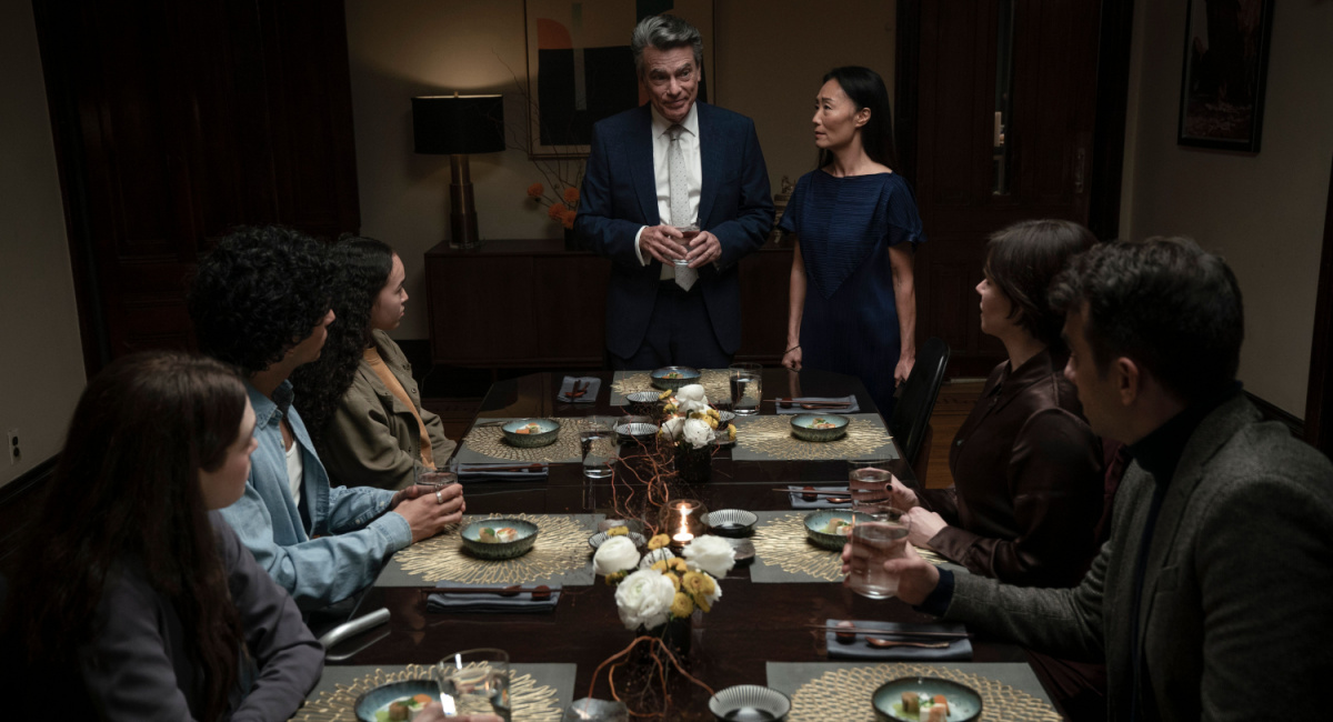 Alanna Bale, Sirena Gulamgaus, Peter Gallagher, Uni Park, Emily Hampshire, and Jay Baruchel in Caitlin Cronenberg's 'Humane'.