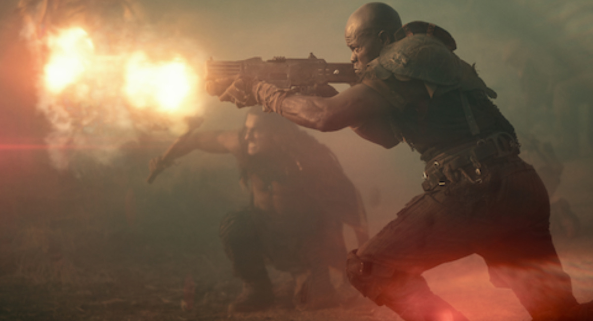 Staz Nair as Tarak and Djimon Hounsou as General Titus in 'Rebel Moon — Part Two: The Scargiver.'