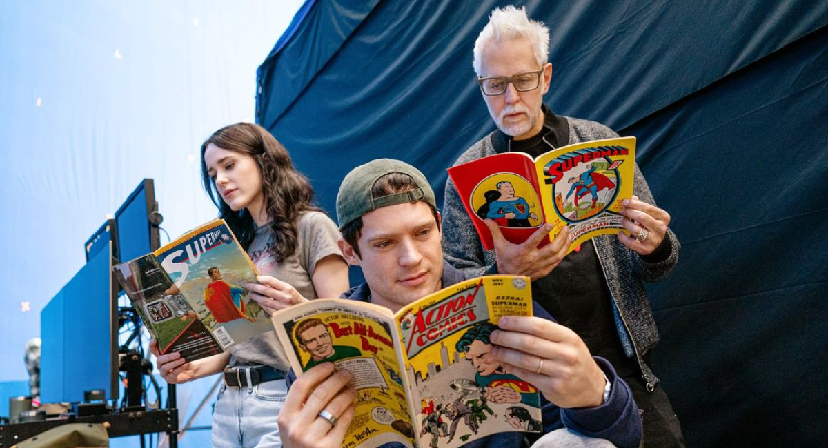 Rachel Brosnahan, David Corenswet and director James Gunn on the set of 'Superman.'