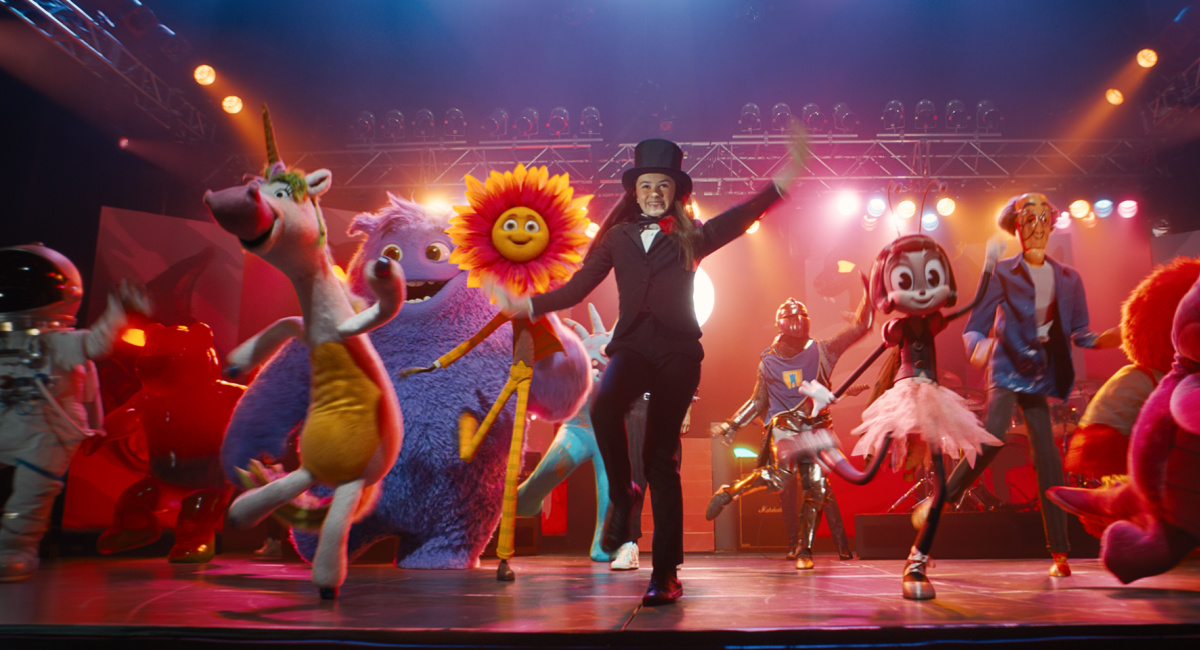 (L to R) George Clooney (Spaceman), Amy Schumer (Gummy Bear), Emily Blunt (Unicorn), Steve Carell (Blue), Flower, Cailey Fleming (Bea), Phoebe Waller-Bridge (Blossom), Richard Jenkins (Art Teacher) and Maya Rudolph (Ally) star in Paramount Pictures’ 'IF.'
