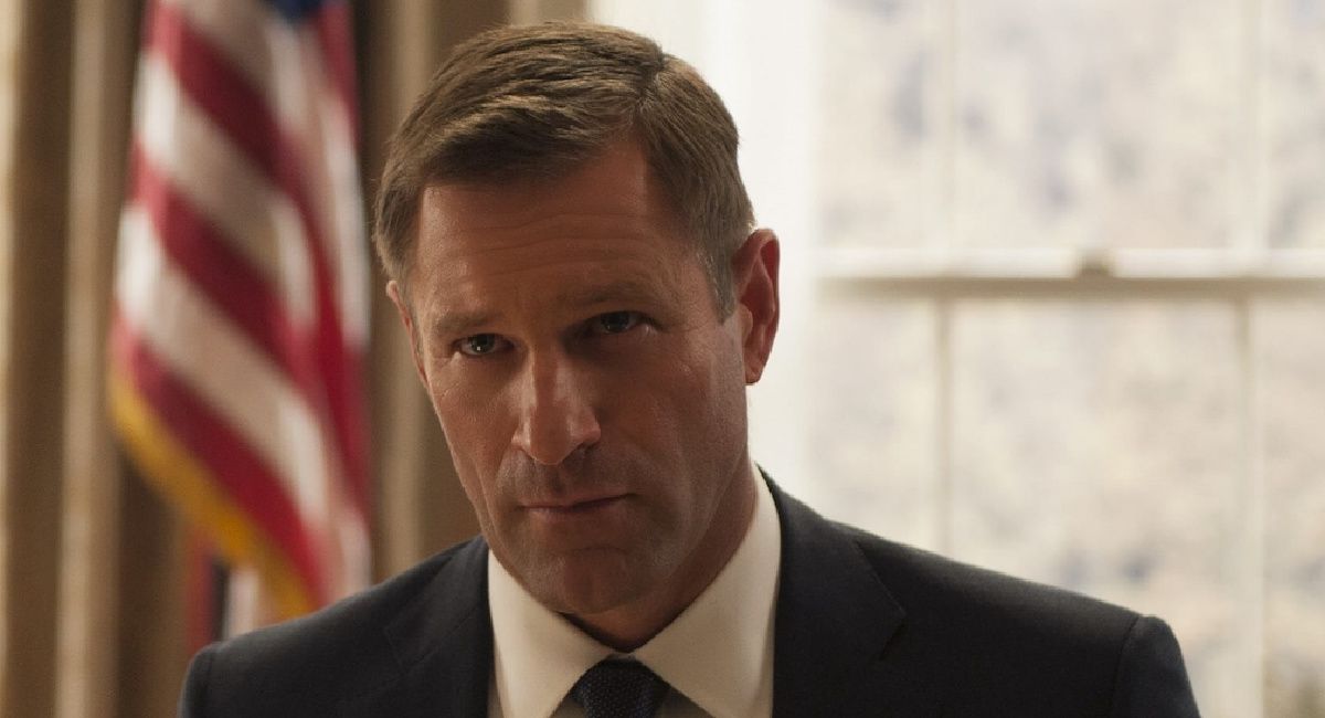 Aaron Eckhart as President Benjamin Asher in 'London Has Fallen'.