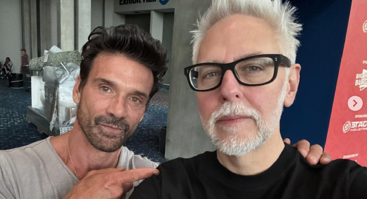 Frank Grillo and director James Gunn on the set of 'Peacemaker' season 2.