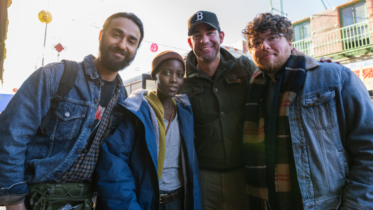Alex Wolff as “Reuben”, Lupita Nyong’o as “Samira”, Producer John Krasinski, and Director Michael Sarnoski in 'A Quiet Place: Day One' from Paramount Pictures.
