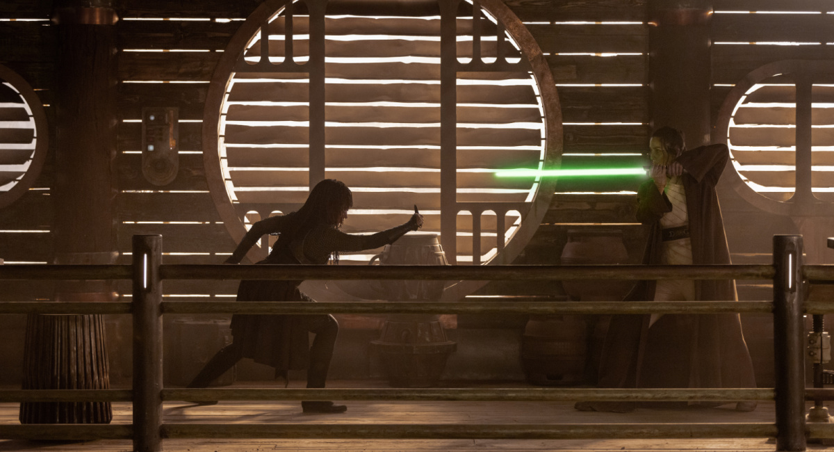 (L to R) Mae (Amandla Stenberg) and Jedi Master Indara (Carrie-Anne Moss) in Lucasfilm's 'The Acolyte', exclusively on Disney+.