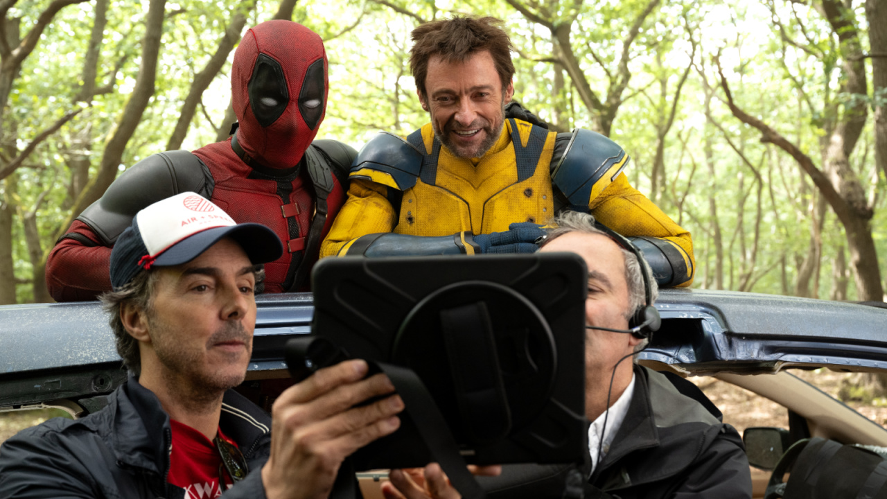 Director Shawn Levy, Ryan Reynolds, and Hugh Jackman on the set of Marvel Studios' 'Deadpool & Wolverine'.