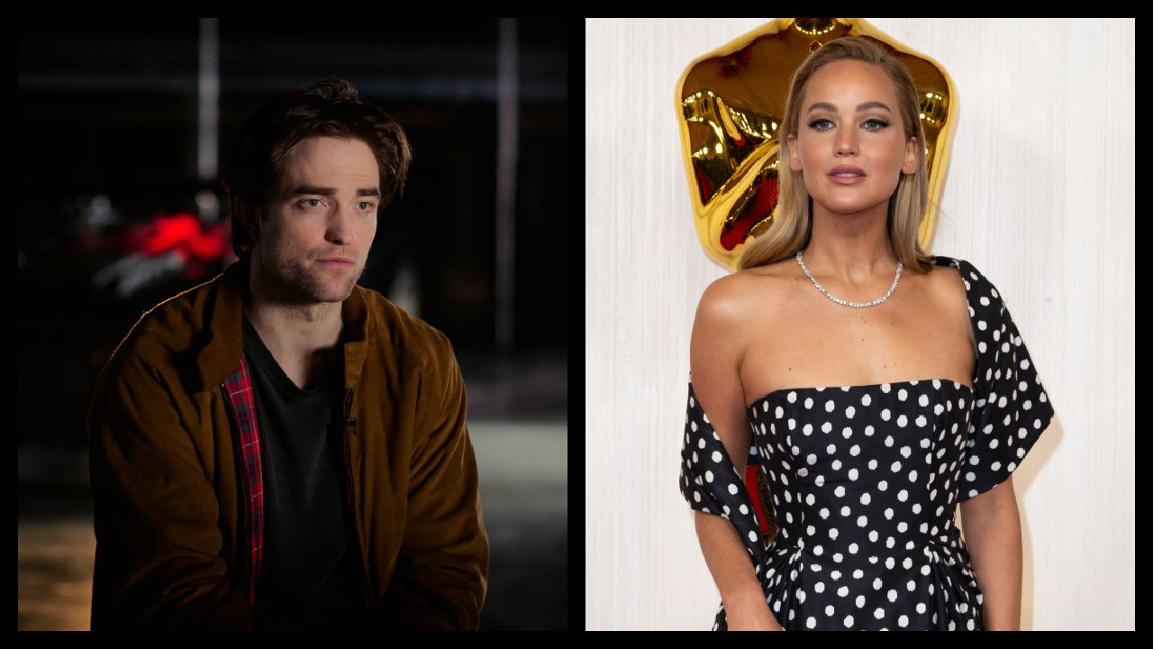 (Left) Robert Pattinson in 'Superpowered: The DC Story.' Photograph by Courtesy of Max/Warner Bros. (Right) Jennifer Lawrence arrives on the red carpet of the 96th Oscars® at the Dolby® Theatre at Ovation Hollywood on Sunday, March 10, 2024. Credit/Provider: Nick Agro ©A.M.P.A.S. Copyright: ©A.M.P.A.S.