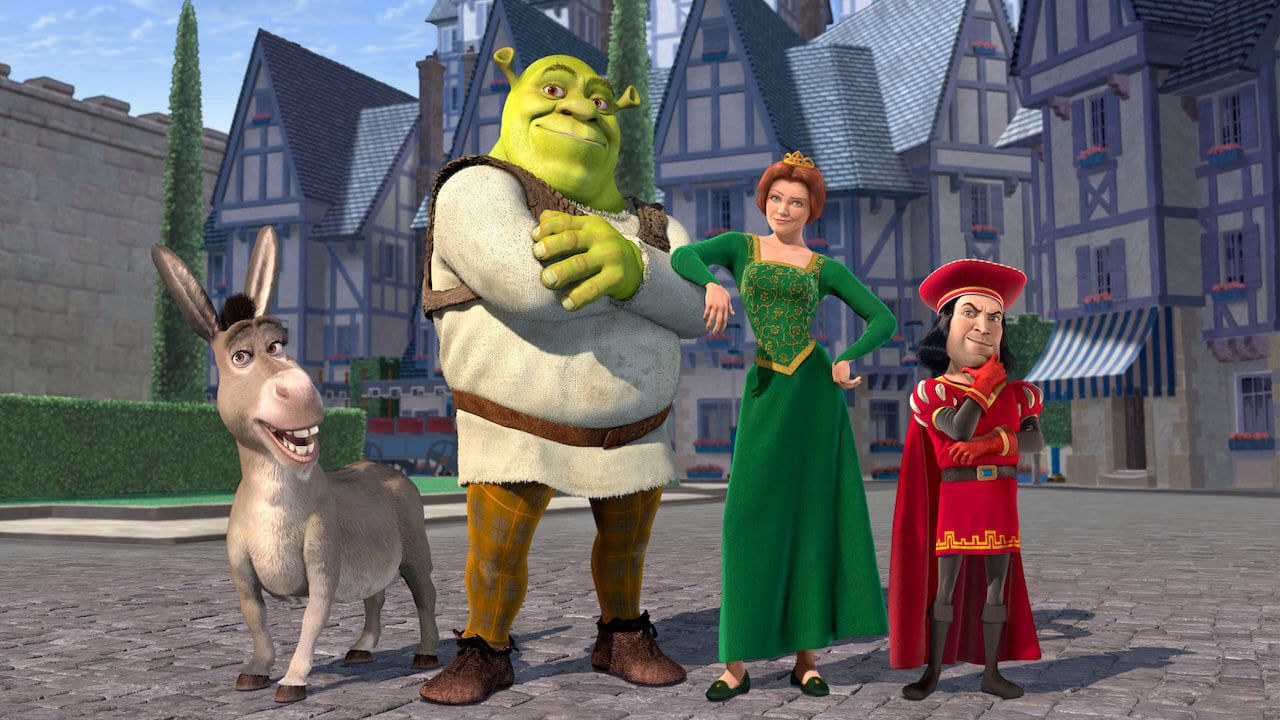 Donkey (Eddie Murphy), Shrek (Mike Myers), Princess Fiona (Cameron Diaz) and Lord Farquaad (John Lithgow) in 'Shrek'.