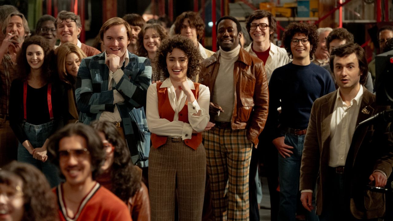 (L to R) Gilda Radner (Ella Hunt), Jane Curtain (Kim Matula), Dick Ebersol (Cooper Hoffman), Rosie Shuster (Rachel Sennott), Garrett Morris (Lamorne Morris), Alan Zweibel (Josh Brener) and Lorne Michaels (Gabriel LaBelle) in 'Saturday Night'. Photo: Sony Pictures.