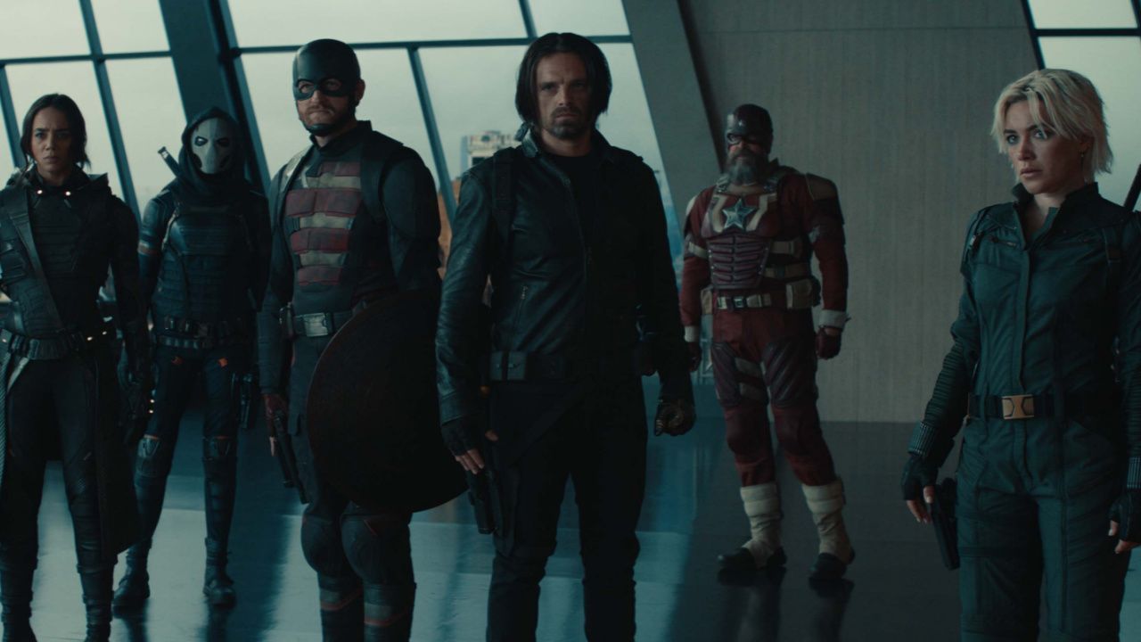 (L to R) Ghost (Hannah John-Kamen), Taskmaster (Olga Kurylenko), John Walker (Wyatt Russell), Bucky Barnes (Sebastian Stan), Alexei Shostakov/Red Guardian (David Harbour), and Yelena Belova (Florence Pugh) in Marvel Studios' 'Thunderbolts*'. Photo courtesy of Marvel Studios. © 2024 Marvel.