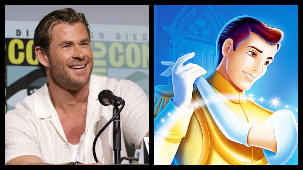 (Left) Chris Hemsworth at the Comic-Con 2022 'Transformers One' presentation. Photo: Paramount Pictures. (Right) Prince Charming in 1950's 'Cinderella'. Photo: Walt Disney Pictures.