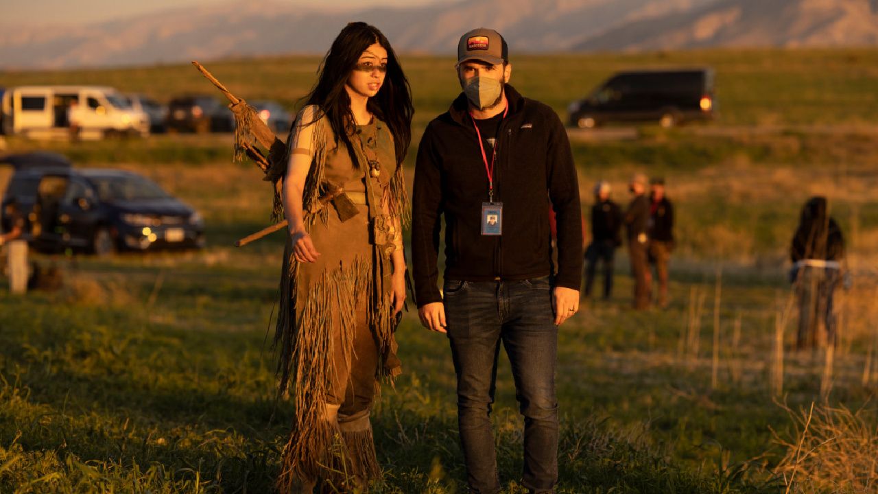 (L to R) Amber Midthunder as Naru and Director Dan Trachtenberg behind the scenes of 20th Century Studios' 'Prey,' exclusively on Hulu. Photo by John P. Johnson. © 2022 20th Century Studios. All Rights Reserved.