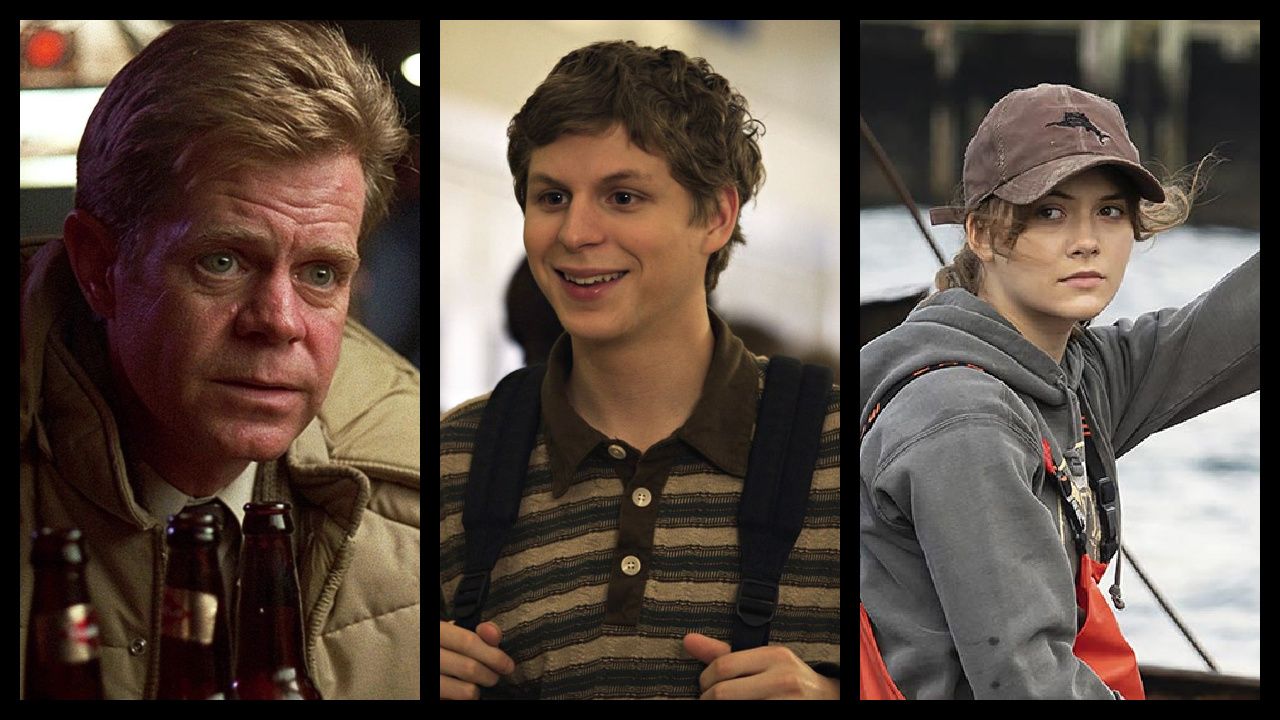 (Left) William H. Macy in 'Fargo'. Photo: Gramercy Pictures. (Center) Michael Cera in 'Superbad'. Photo: Sony Pictures Releasing. (Right) Emilia Jones in 'CODA'. Photo: Apple Original Films.