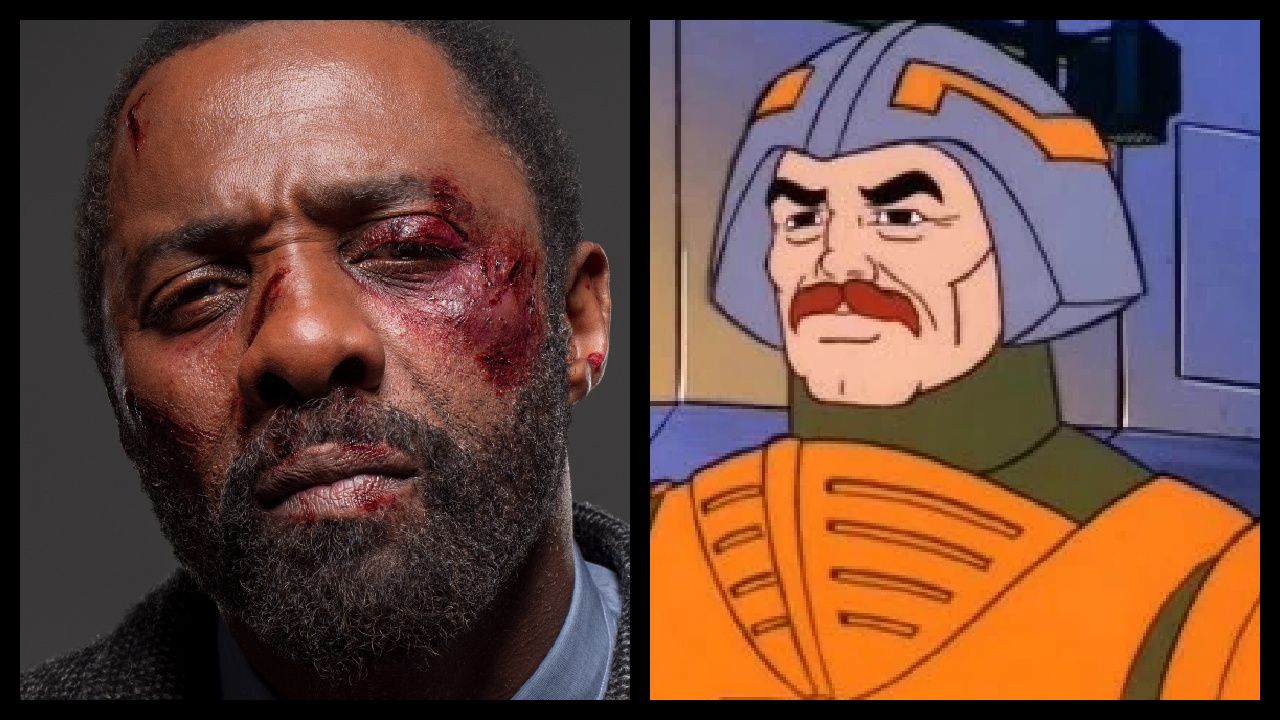 (Left) Idris Elba as John Luther in 'Luther: The Fallen Sun.' Photo: John Wilson/Netflix © 2023. (Right) Man-At-Arms from 'He-Man and the Masters of the Universe'. Photo: Filmation Associates.