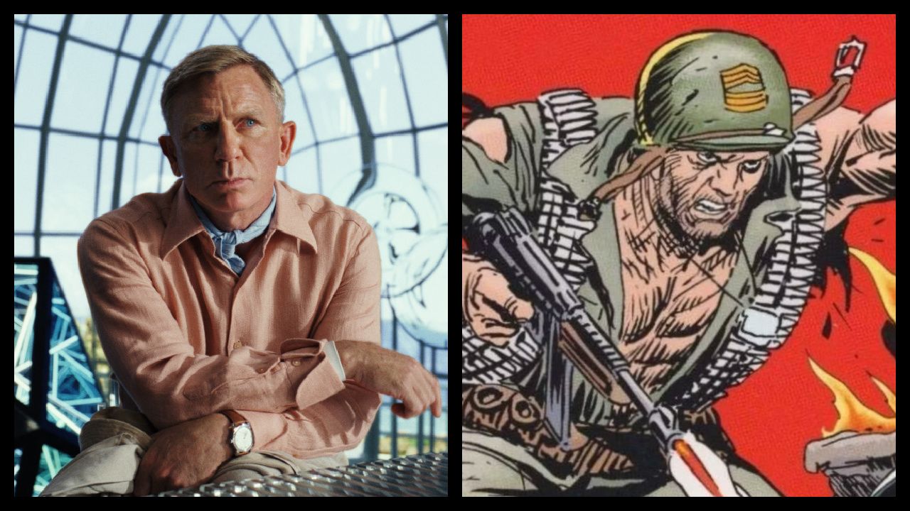 (Left) Daniel Craig as Detective Benoit Blanc in Netflix's 'Glass Onion: A Knives Out Mystery.' Photo: Netflix. (Right) Sgt. Rock from DC Comics. Photo: DC Comics.