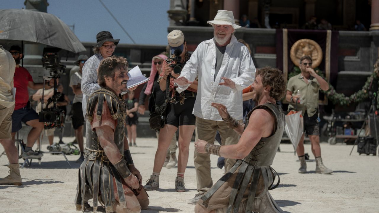 (L to R) Pedro Pascal, Director Ridley Scott and Paul Mescal on the set of 'Gladiator II' from Paramount Pictures.