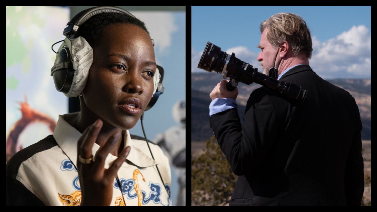 (Left) Lupita Nyongó voices Roz in DreamWorks Animation’s 'The Wild Robot', directed by Chris Sanders. © 2024 DreamWorks Animation. All Rights Reserved. (Right) Writer, director, and producer Christopher Nolan on the set of 'Oppenheimer.'