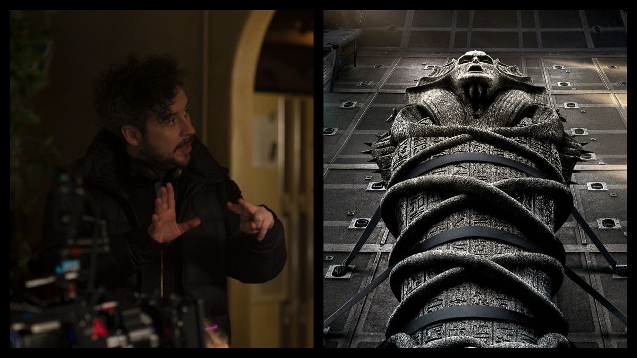 (Left) (L to R) Director Lee Cronin on the set of New Line Cinema’s horror film 'Evil Dead Rise,' a Warner Bros. Pictures release. © 2022 Warner Bros. Entertainment Inc. All Rights Reserved. (Right) 2017's 'The Mummy'. Photo: Universal Pictures.