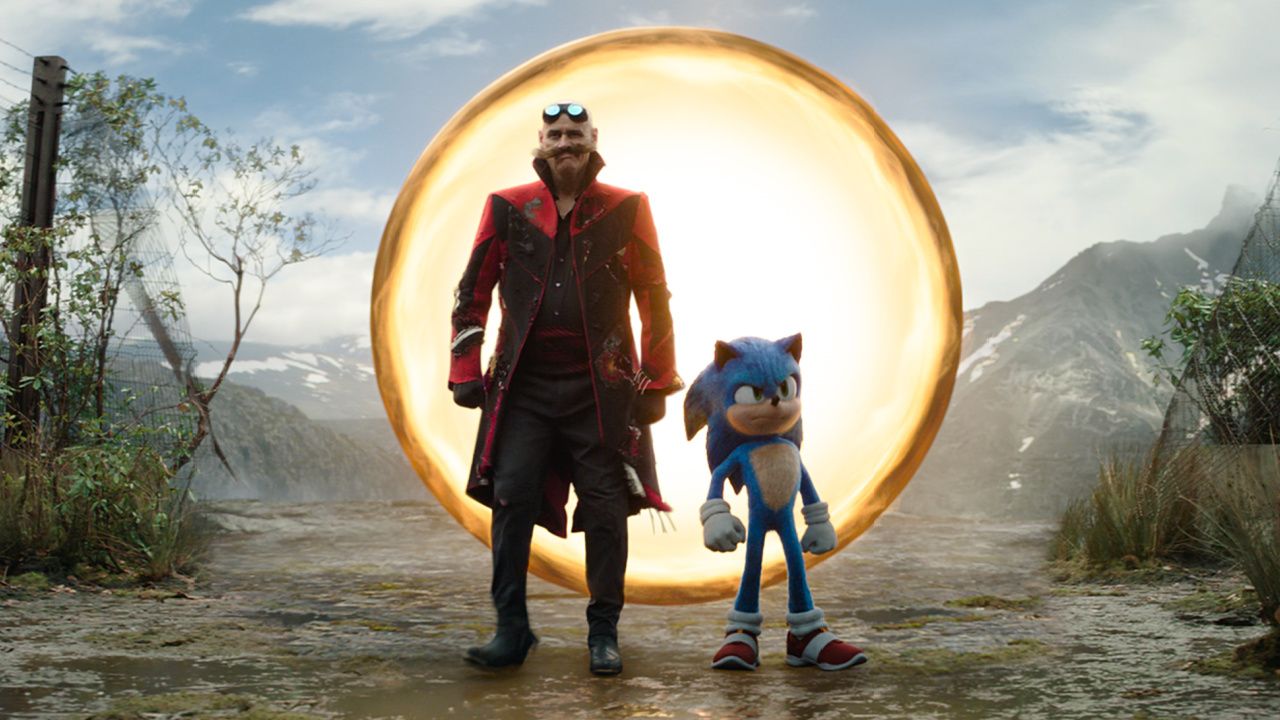 (L to R) Jim Carrey as Ivo Robotnik and Sonic (Ben Schwartz) in 'Sonic the Hedgehog 3' from Paramount Pictures and Sega of America, Inc.