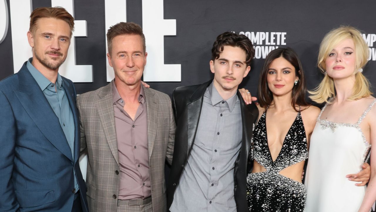 (L to R) Boyd Holbrook, Ed Norton, Timothée Chalamet, Monica Barbaro, and Elle Fanning attend Searchlight Pictures' 'A Complete Unknown' World Premiere on Dec 10, 2024 in Los Angeles.